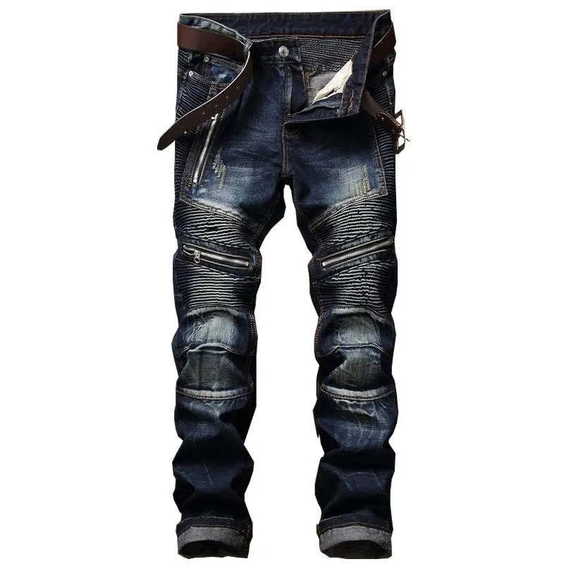 Men's Pleated Slim Fit Biker Jeans