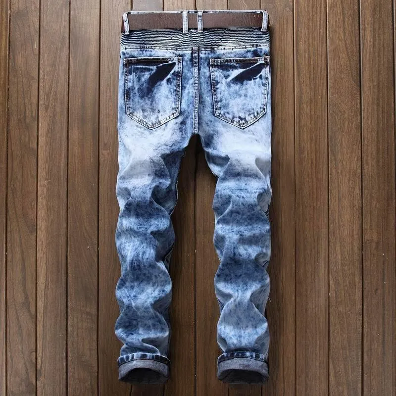 Men's Pleated Slim Fit Biker Jeans