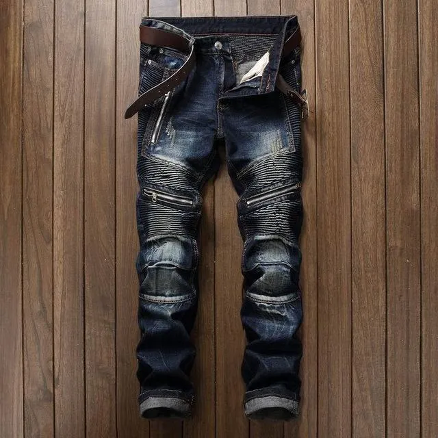 Men's Pleated Slim Fit Biker Jeans