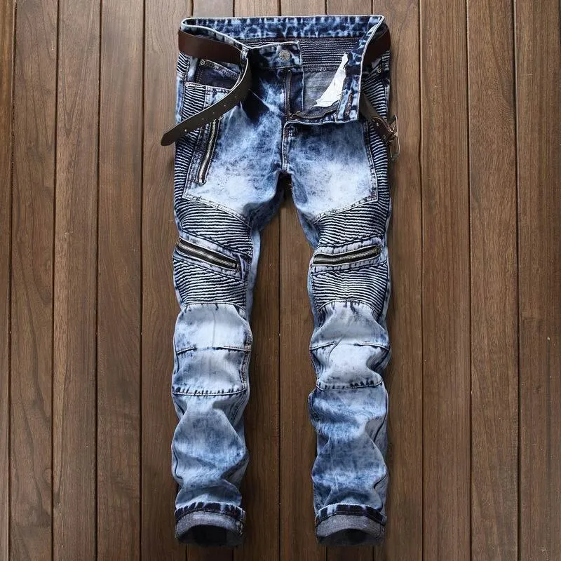 Men's Pleated Slim Fit Biker Jeans