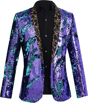 Mens Sequin Blazer Tuxedo Party Prom Fashion Metallic Jacket Shiny Outfit Wedding Tuxedo One Button Jacket