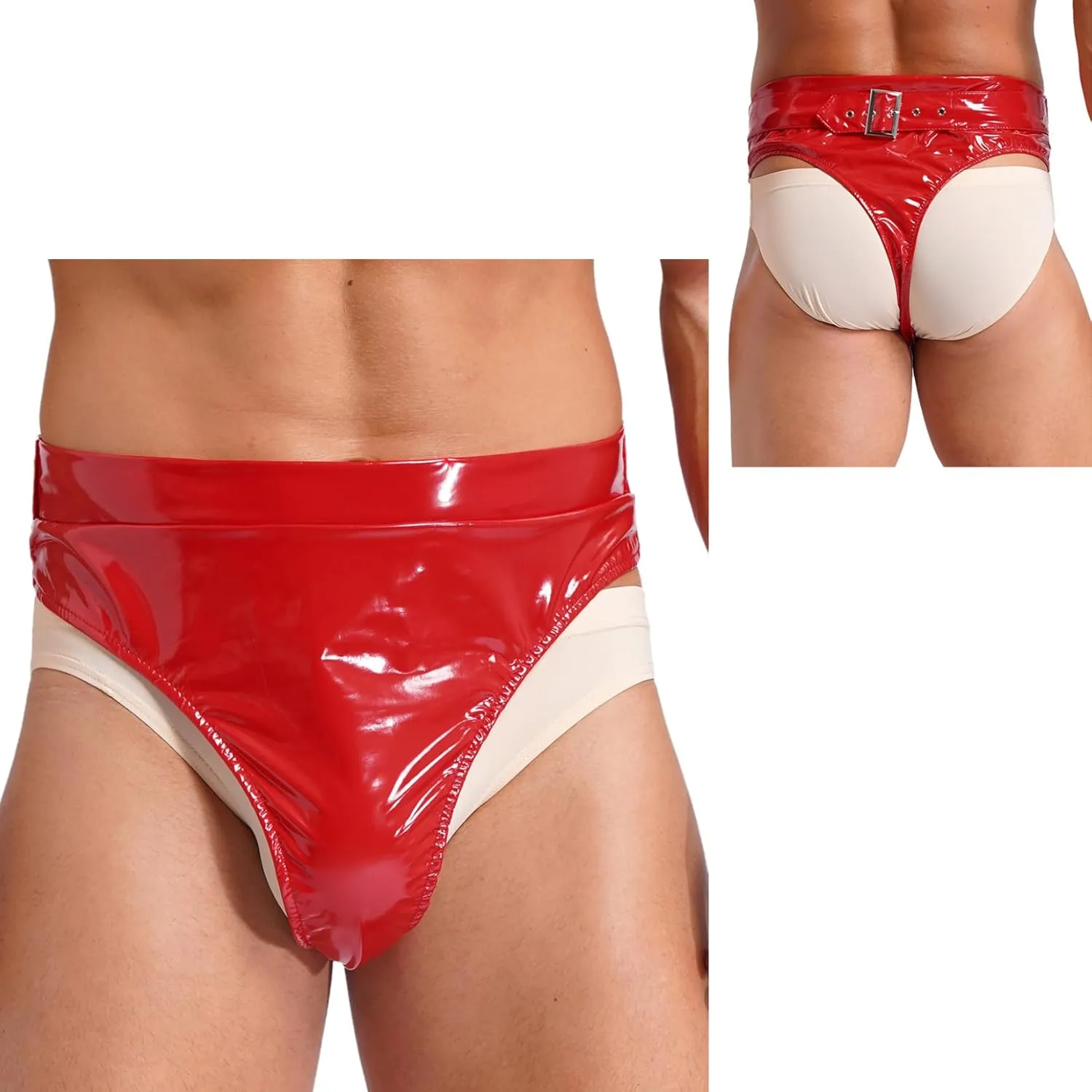 Men's Shiny Metallic High Waist Bikini Briefs Buckle Belted Bulge Pouch Panties Thongs Underwear