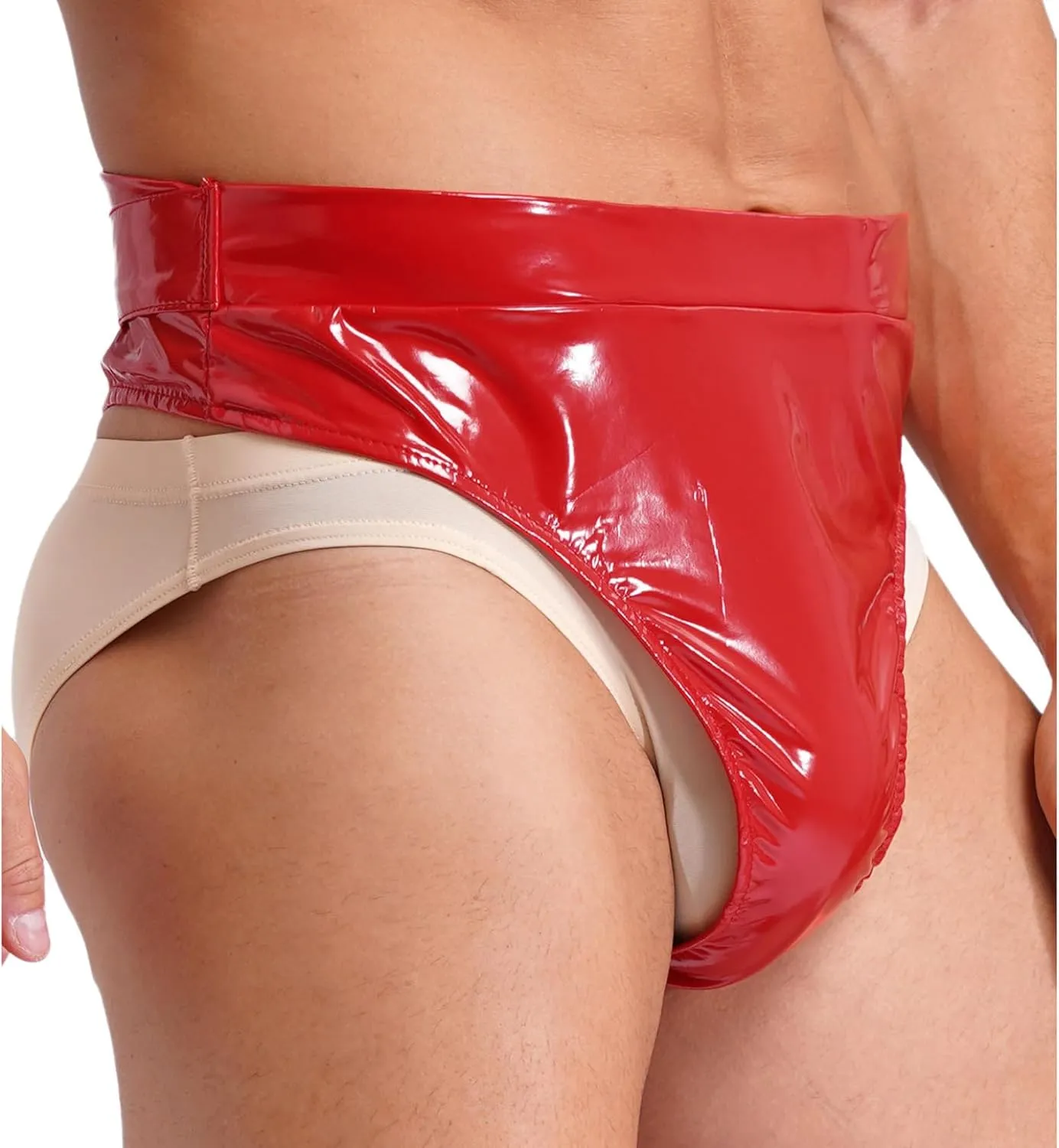 Men's Shiny Metallic High Waist Bikini Briefs Buckle Belted Bulge Pouch Panties Thongs Underwear