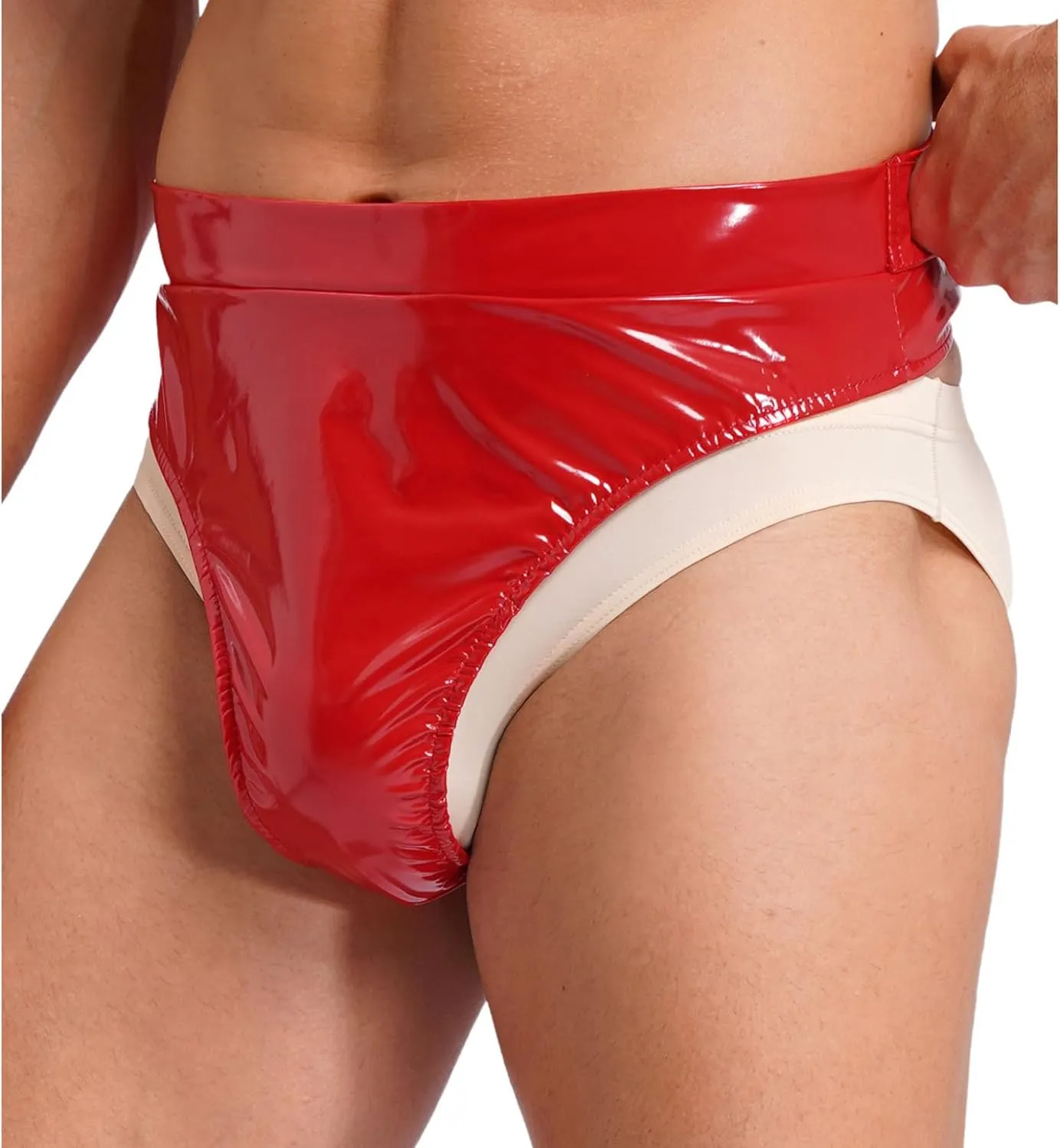Men's Shiny Metallic High Waist Bikini Briefs Buckle Belted Bulge Pouch Panties Thongs Underwear
