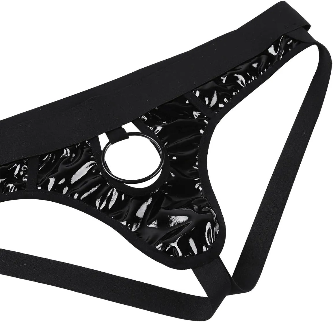 Mens Shiny Wetlook Leather Sissy O-ring Pouch Hole Jockstrap Bikini Briefs Hollow Out Hipster Thongs Underwear