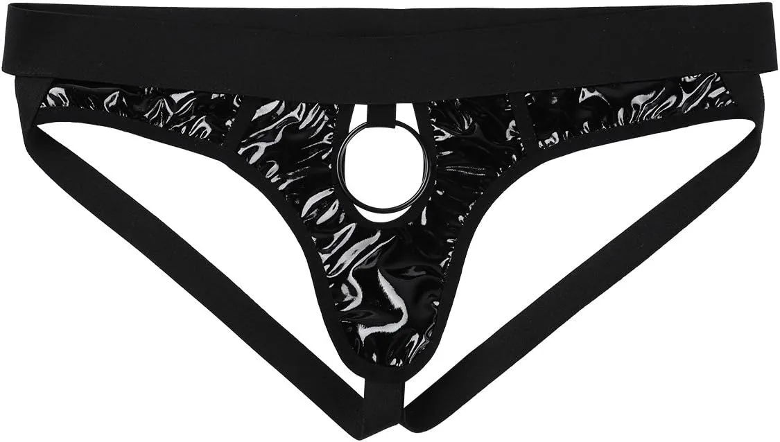 Mens Shiny Wetlook Leather Sissy O-ring Pouch Hole Jockstrap Bikini Briefs Hollow Out Hipster Thongs Underwear