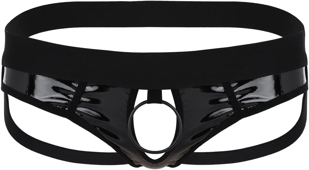 Mens Shiny Wetlook Leather Sissy O-ring Pouch Hole Jockstrap Bikini Briefs Hollow Out Hipster Thongs Underwear