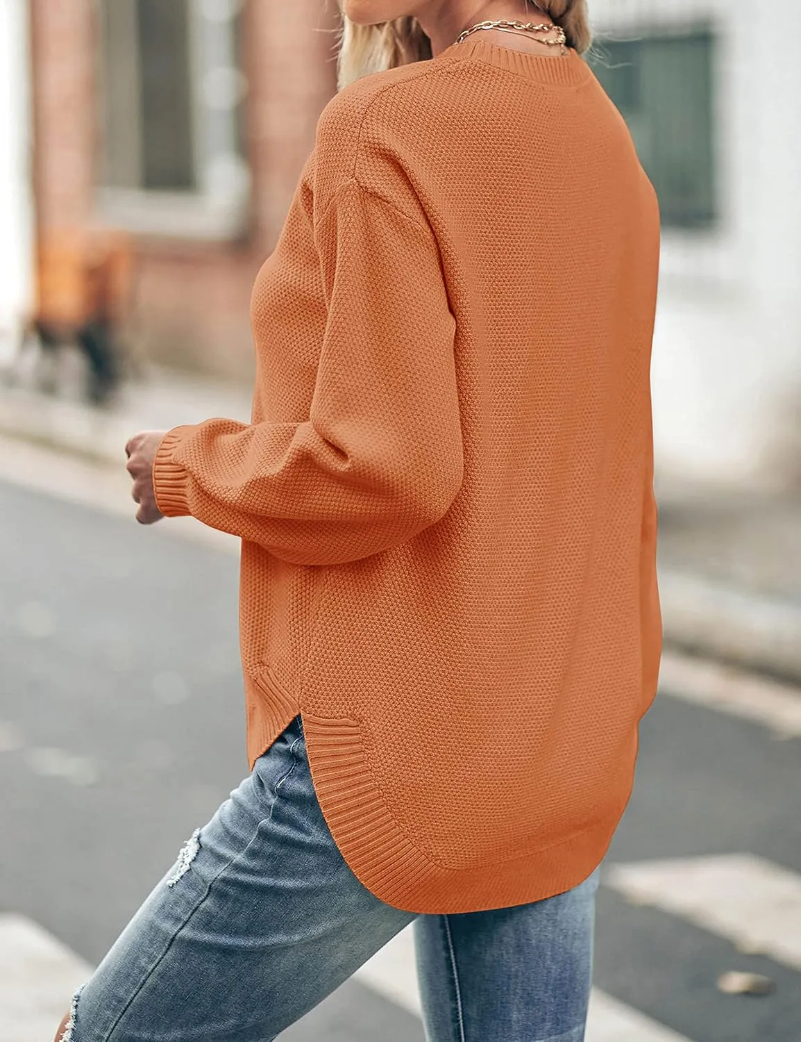 MEROKEETY Women's 2025 Fall Long Balloon Sleeve Crew Neck Sweater Tops Waffle Knit Soft Pullover Jumper