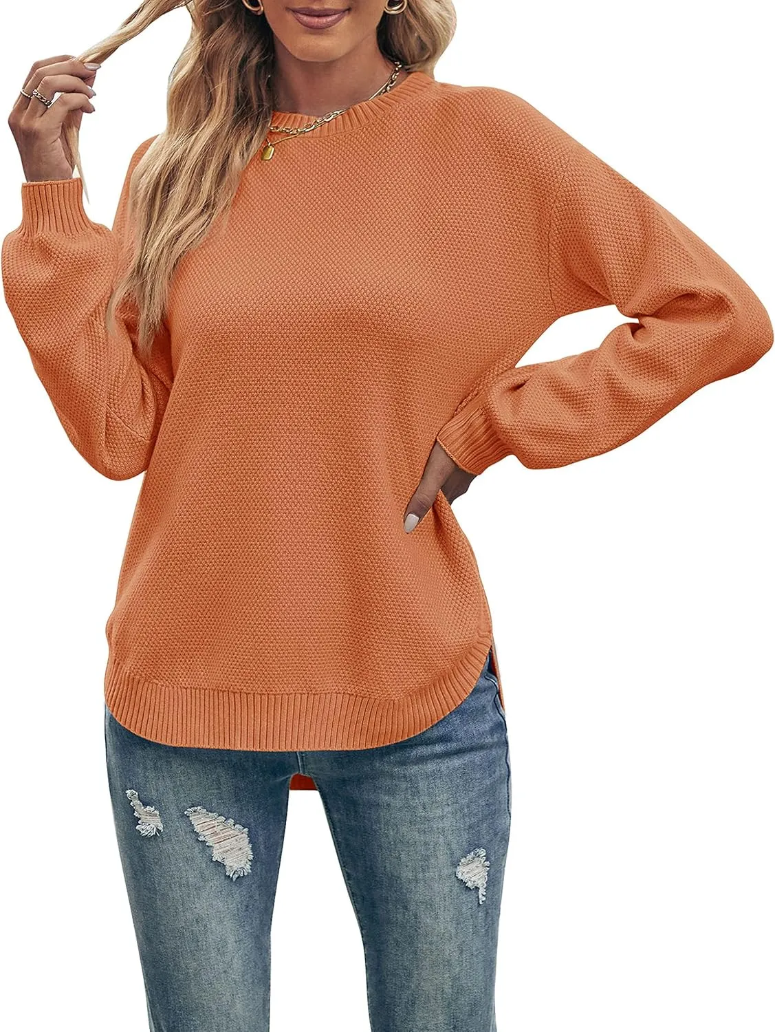 MEROKEETY Women's 2025 Fall Long Balloon Sleeve Crew Neck Sweater Tops Waffle Knit Soft Pullover Jumper