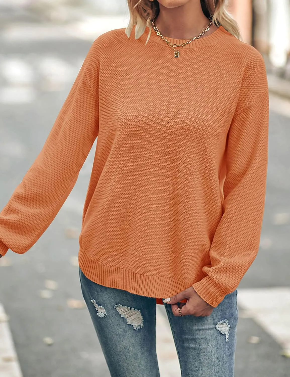 MEROKEETY Women's 2025 Fall Long Balloon Sleeve Crew Neck Sweater Tops Waffle Knit Soft Pullover Jumper