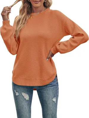 MEROKEETY Women's 2025 Fall Long Balloon Sleeve Crew Neck Sweater Tops Waffle Knit Soft Pullover Jumper