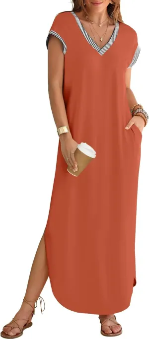 MEROKEETY Women's 2025 Spring Summer Maxi Dress Casual V Neck Split Beach Vacation Loose Long Dresses