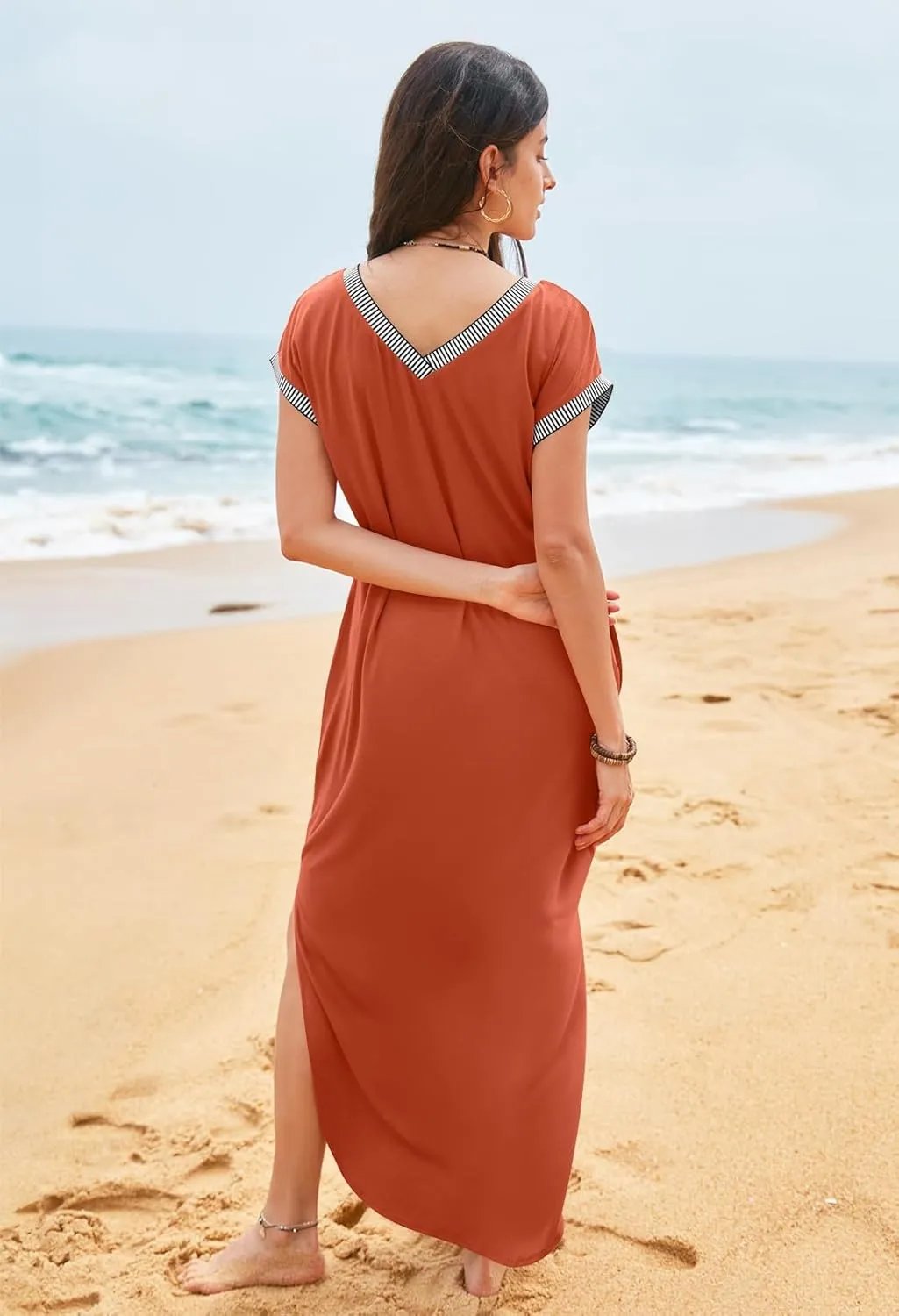 MEROKEETY Women's 2025 Spring Summer Maxi Dress Casual V Neck Split Beach Vacation Loose Long Dresses