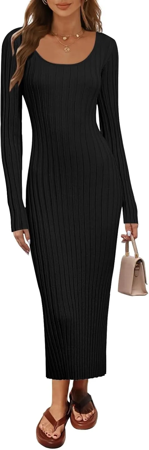 MEROKEETY Women's Fall Long Sleeve Sweater Dress Casual Ribbed Knit Slim Fit Bodycon Maxi Dresses