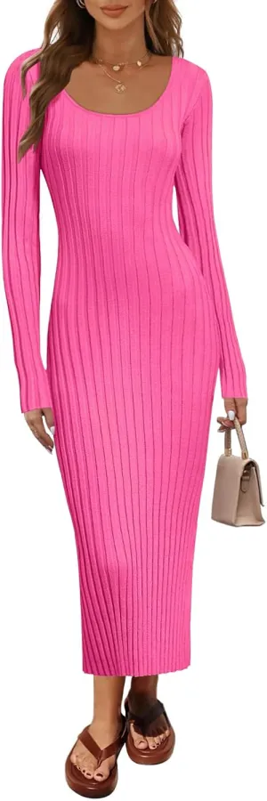 MEROKEETY Women's Fall Long Sleeve Sweater Dress Casual Ribbed Knit Slim Fit Bodycon Maxi Dresses