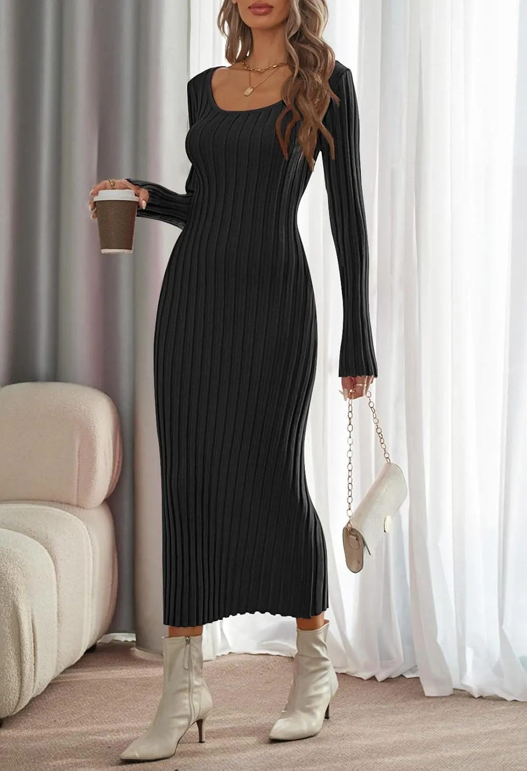MEROKEETY Women's Fall Long Sleeve Sweater Dress Casual Ribbed Knit Slim Fit Bodycon Maxi Dresses