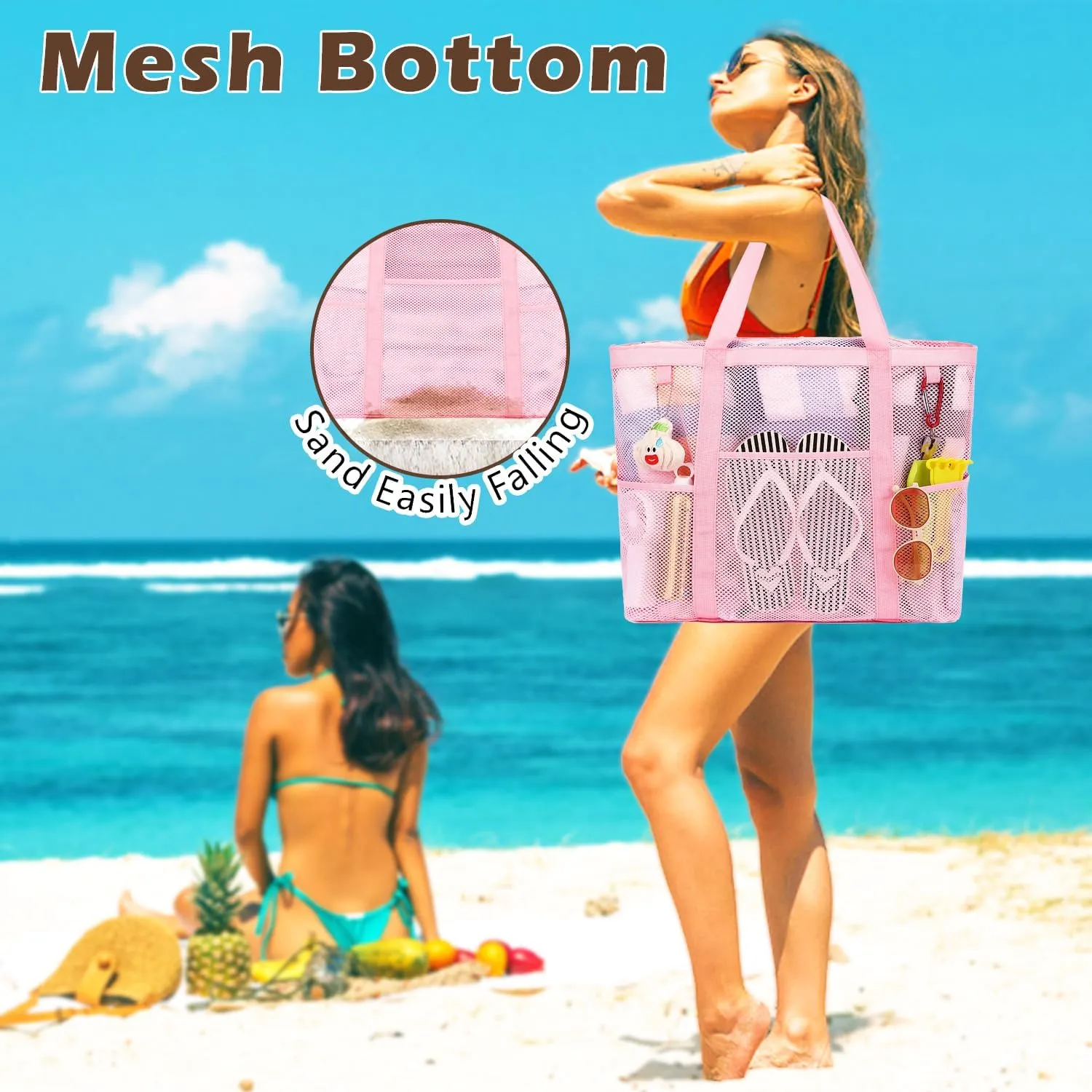 Mesh Beach Bag, Large Beach Tote with Zipper Pocket for Family Pool Bag for Toys & Vacation Essentials