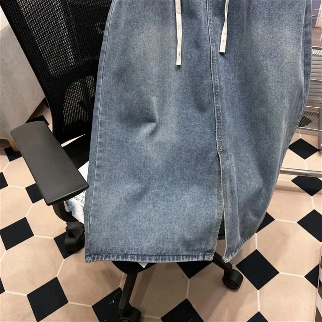 Mid-Length Slit High-Waisted Fashion Denim Skirt Lace-Up Knee-Length A-Line Skirt