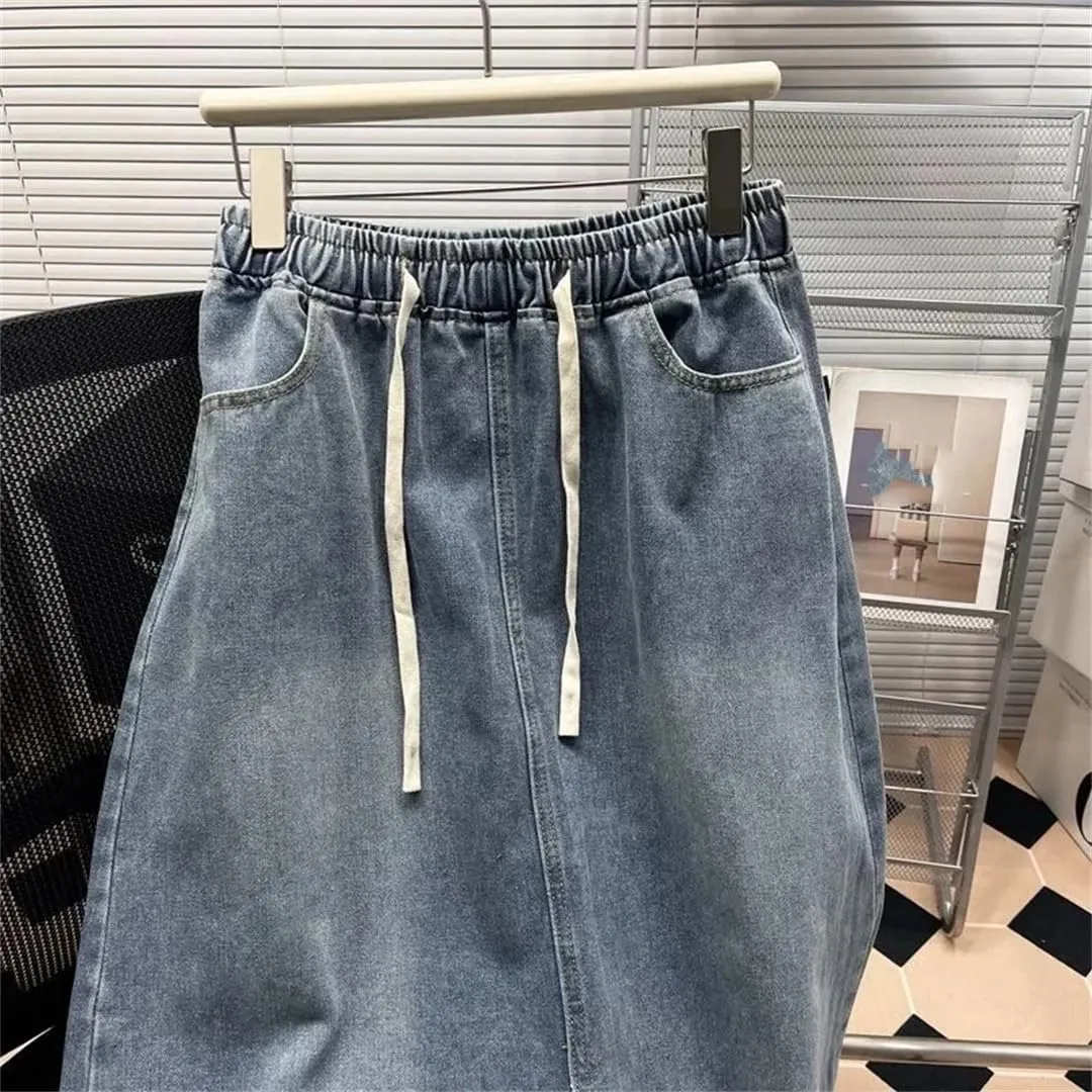 Mid-Length Slit High-Waisted Fashion Denim Skirt Lace-Up Knee-Length A-Line Skirt