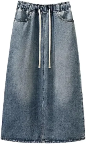 Mid-Length Slit High-Waisted Fashion Denim Skirt Lace-Up Knee-Length A-Line Skirt