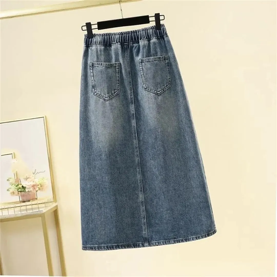 Mid-Length Slit High-Waisted Fashion Denim Skirt Lace-Up Knee-Length A-Line Skirt