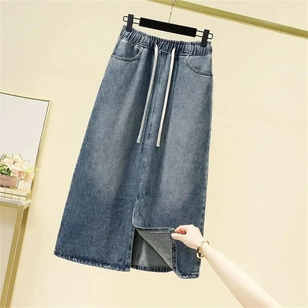 Mid-Length Slit High-Waisted Fashion Denim Skirt Lace-Up Knee-Length A-Line Skirt