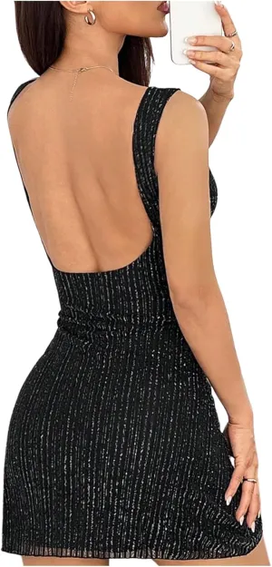 Milumia Women's Backless Mesh Mini Tank Dress Sexy Glitter Open Back Sleeveless Dresses