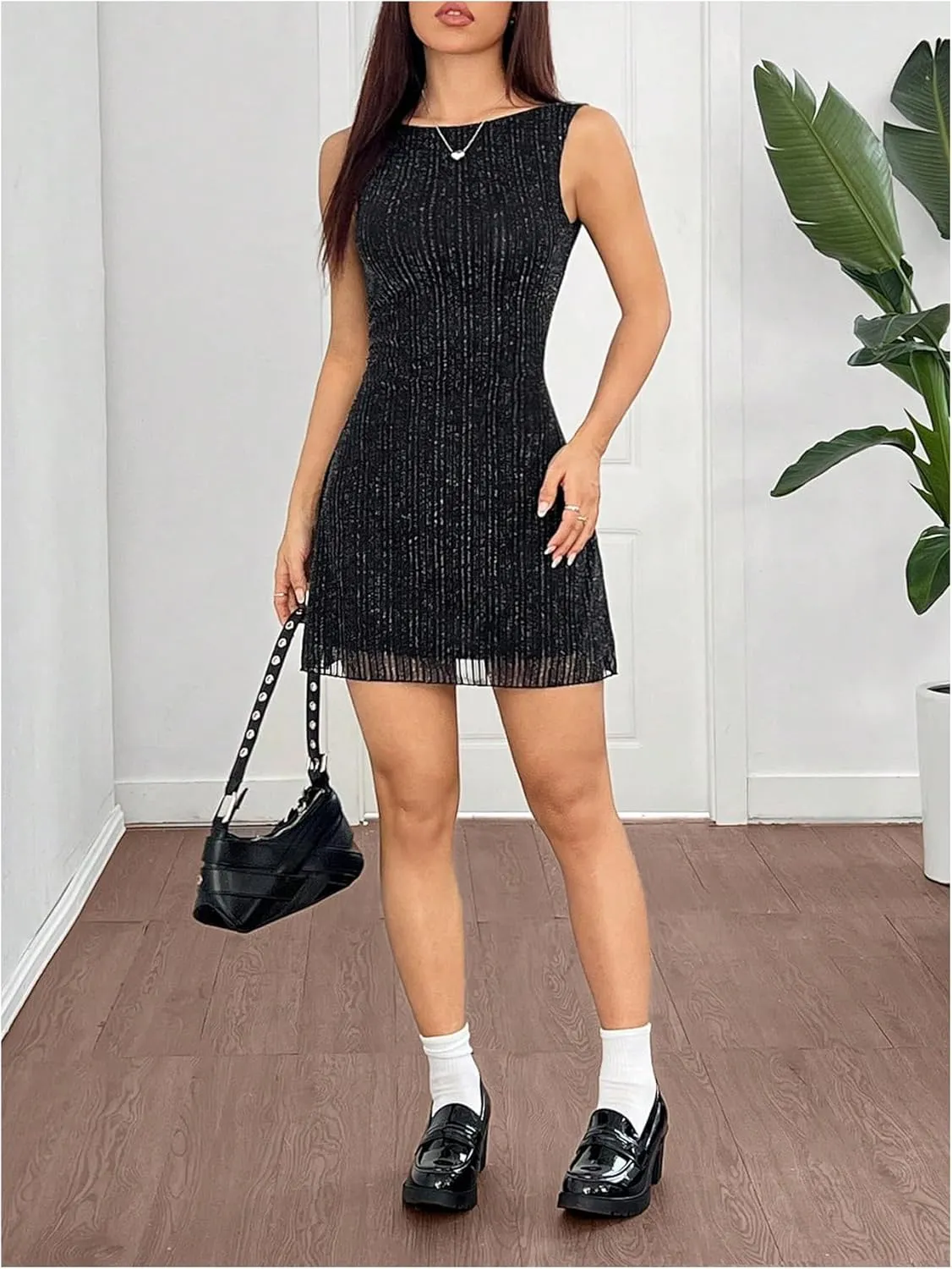 Milumia Women's Backless Mesh Mini Tank Dress Sexy Glitter Open Back Sleeveless Dresses