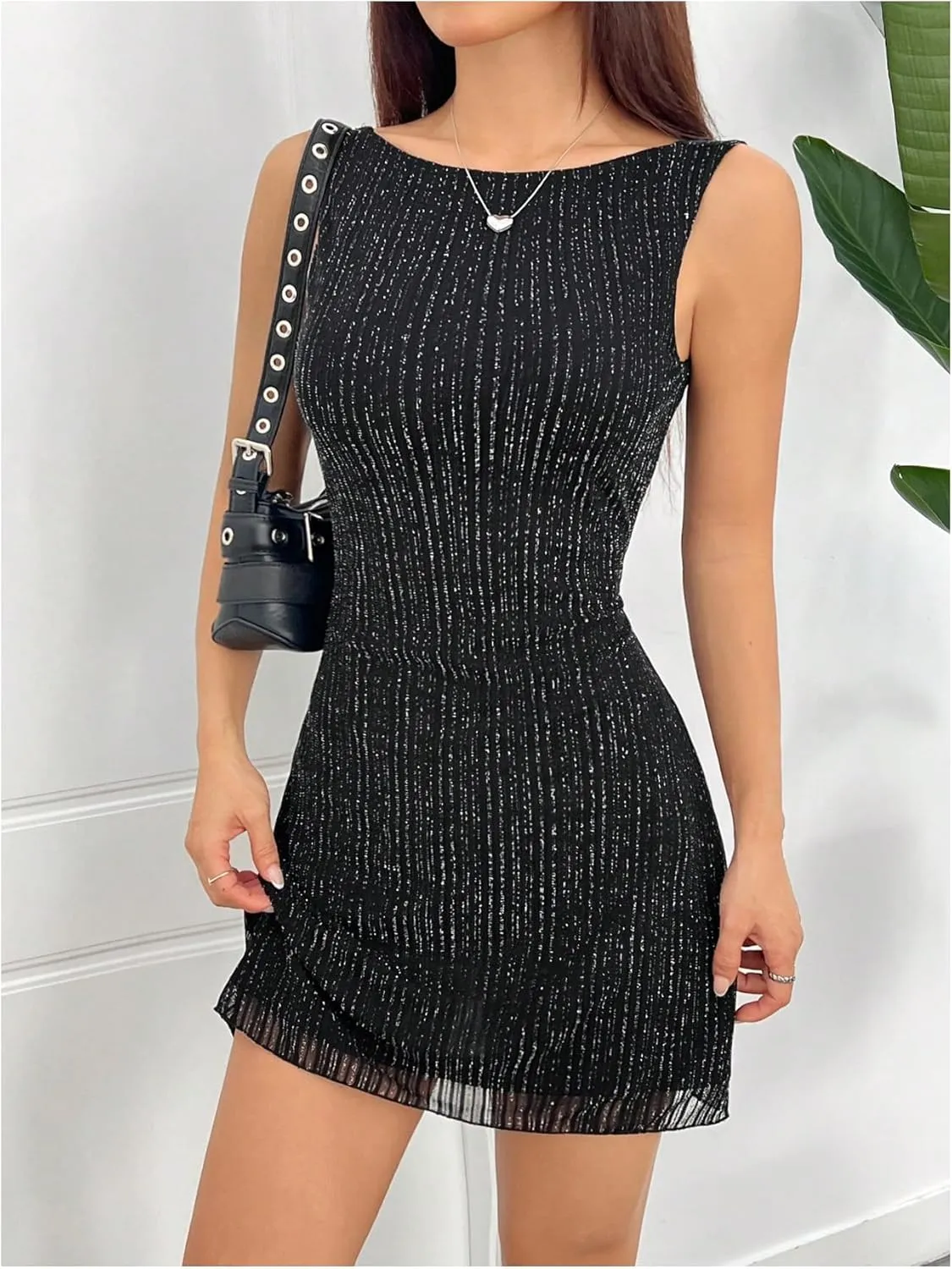Milumia Women's Backless Mesh Mini Tank Dress Sexy Glitter Open Back Sleeveless Dresses