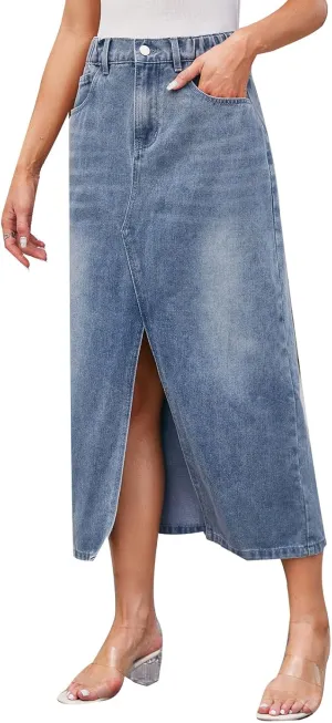 MINTLIMIT Women's High Waisted Denim Skirt Split Hem Midi Jean Skirts Casual Denim Midi Skirt with Pockets