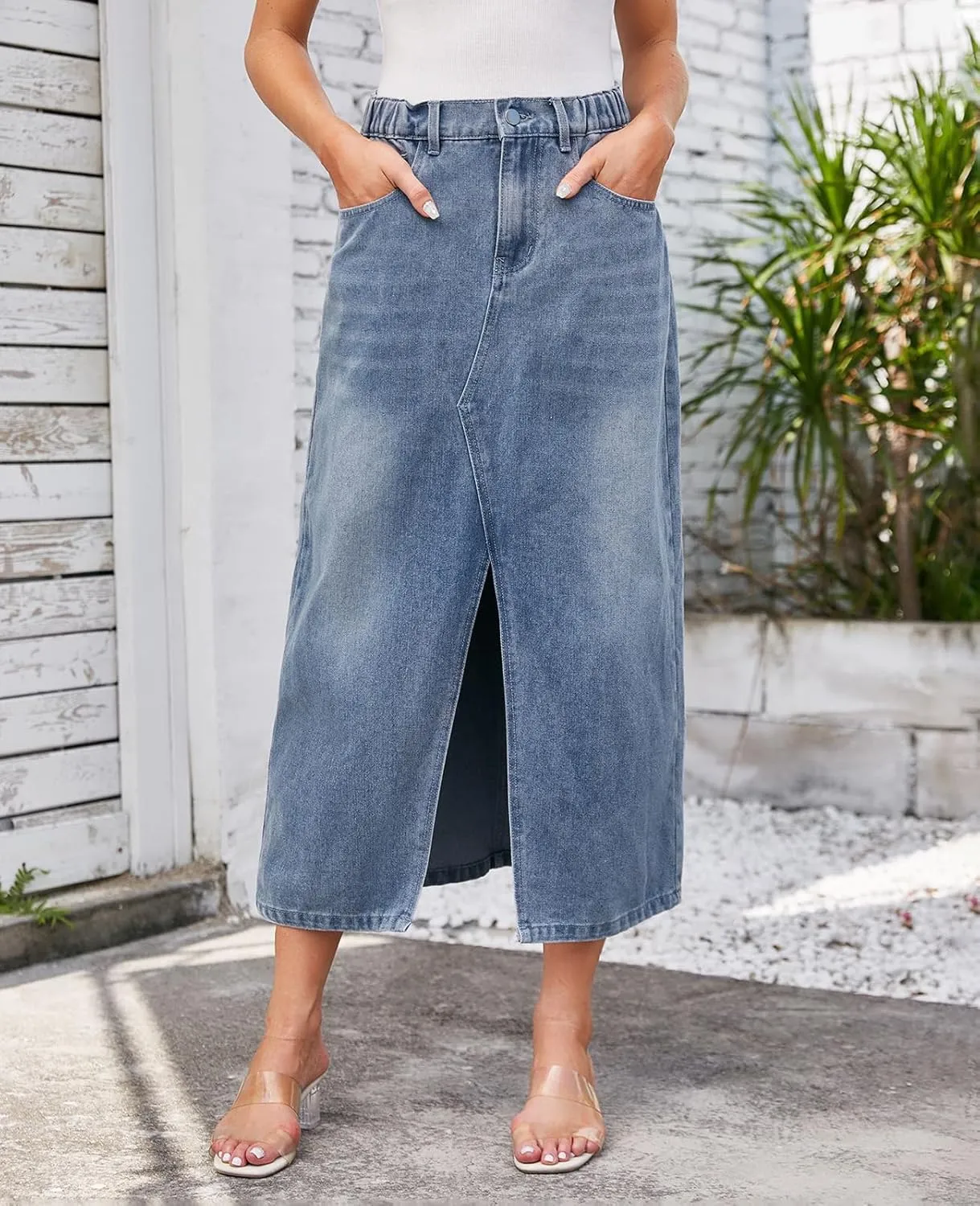 MINTLIMIT Women's High Waisted Denim Skirt Split Hem Midi Jean Skirts Casual Denim Midi Skirt with Pockets