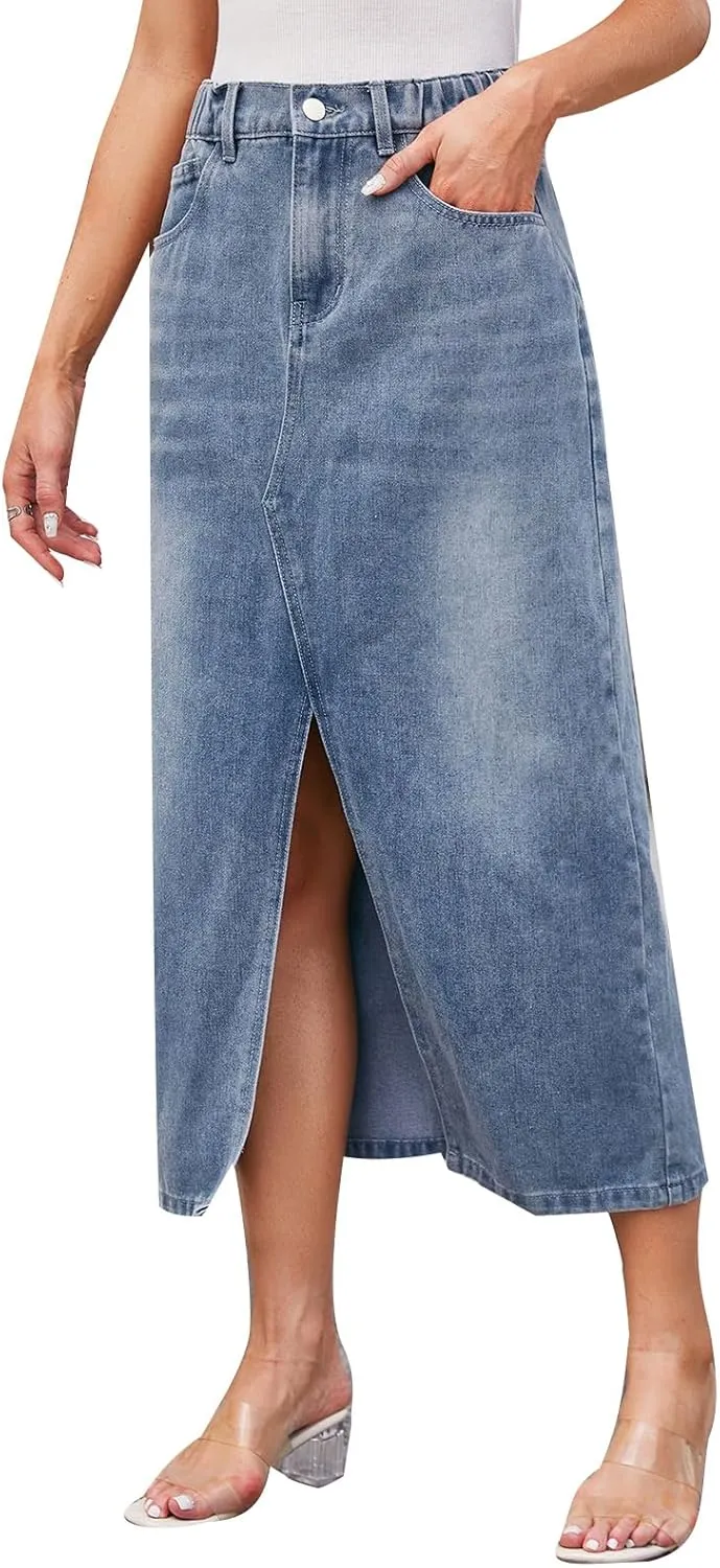 MINTLIMIT Women's High Waisted Denim Skirt Split Hem Midi Jean Skirts Casual Denim Midi Skirt with Pockets