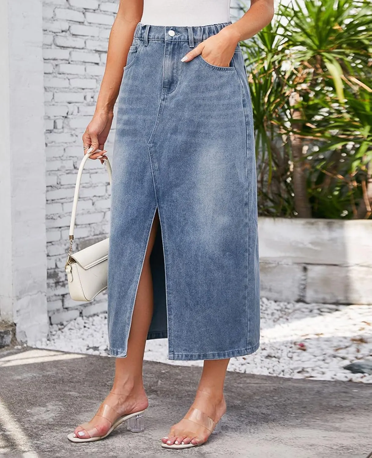 MINTLIMIT Women's High Waisted Denim Skirt Split Hem Midi Jean Skirts Casual Denim Midi Skirt with Pockets