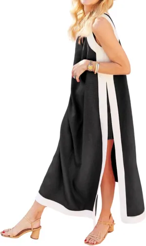 MISSACTIVER Boho 2 Piece Sets For Women Color Block Sleeveless Maxi Dress Shorts with Pockets Summer Matching Dress Set