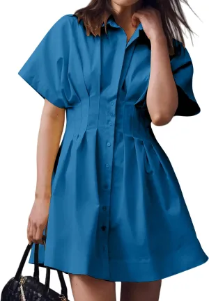 MISSACTIVER Women Pleated Button Down Shirt Dress Short Sleeve Striped Corset Mini Dresses Casual Summer Short Dress