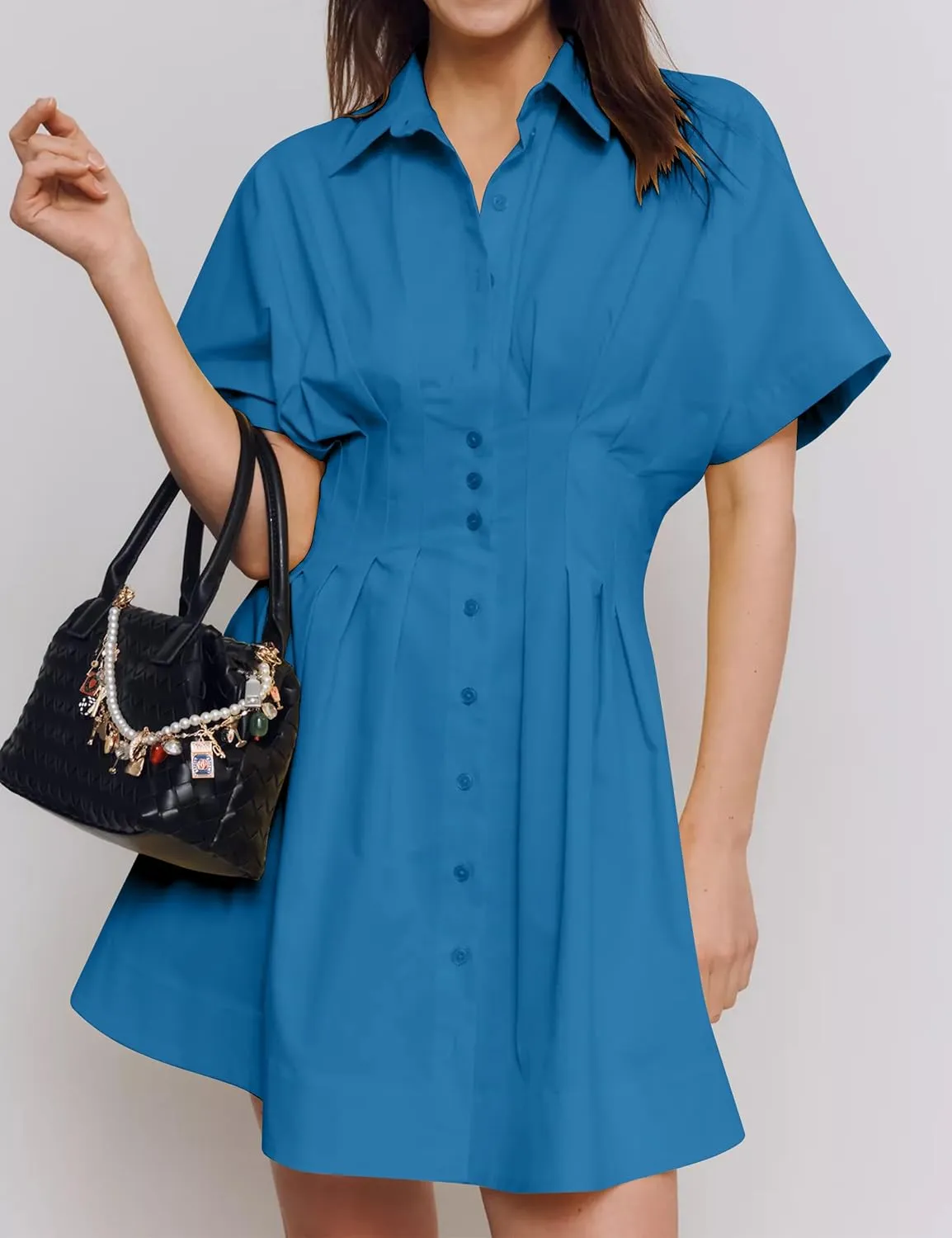 MISSACTIVER Women Pleated Button Down Shirt Dress Short Sleeve Striped Corset Mini Dresses Casual Summer Short Dress