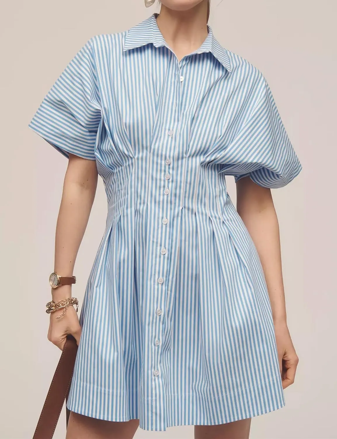 MISSACTIVER Women Pleated Button Down Shirt Dress Short Sleeve Striped Corset Mini Dresses Casual Summer Short Dress