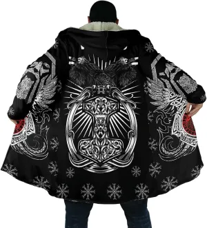 Mjlnir 3D Men's outdoor windproof jacket Viking Tattoo lambswool cotton padded Mid-length winter hooded parka Coats (Color : Raven Thor's Hammer, Size : X-Large)