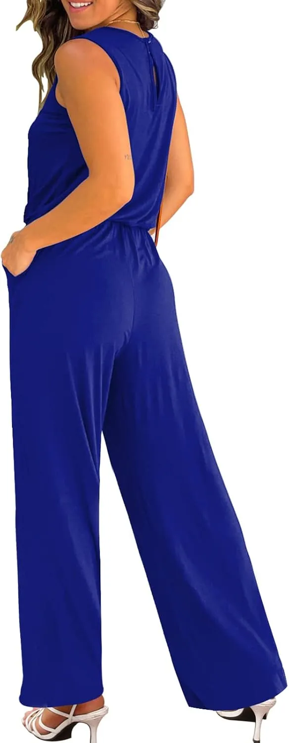 Mokayee Women's Sumemr Cute Front Tie Long Wide Leg Jumpsuits Beach Sleeveless Round Neck Rompers with Pockets