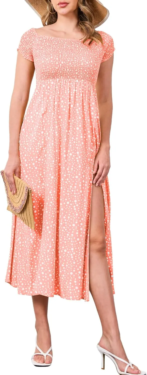 Moss Rose Womens Boho Maxi Dresses Summer Off Shoulder Cap Sleeve Flowy Swing Casual Long Dress