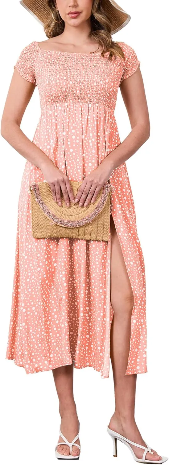 Moss Rose Womens Boho Maxi Dresses Summer Off Shoulder Cap Sleeve Flowy Swing Casual Long Dress