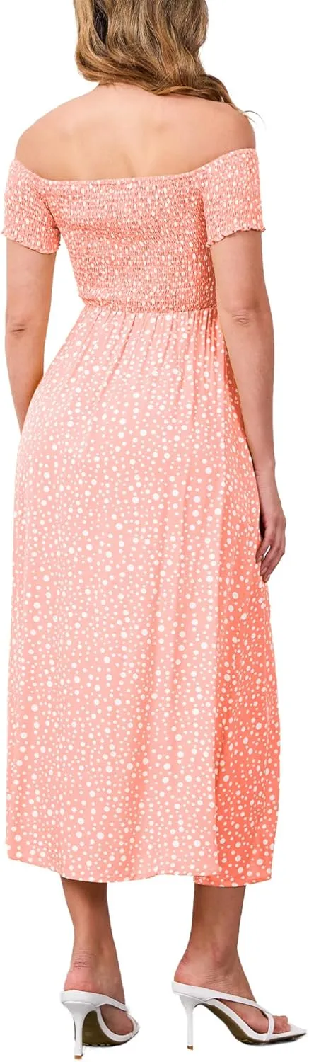 Moss Rose Womens Boho Maxi Dresses Summer Off Shoulder Cap Sleeve Flowy Swing Casual Long Dress