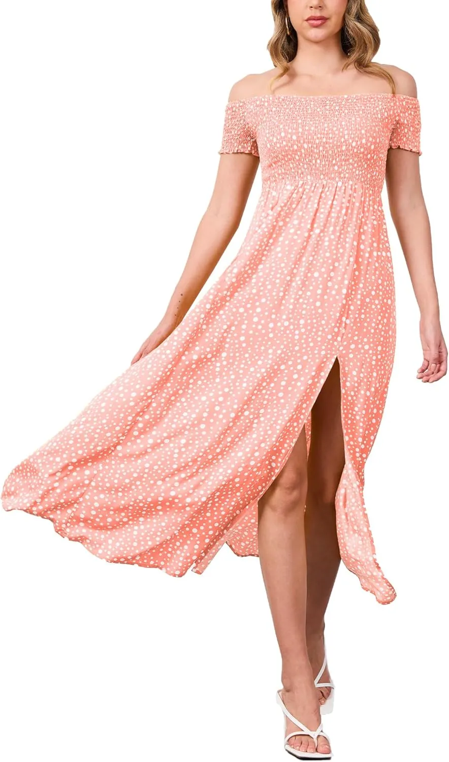 Moss Rose Womens Boho Maxi Dresses Summer Off Shoulder Cap Sleeve Flowy Swing Casual Long Dress