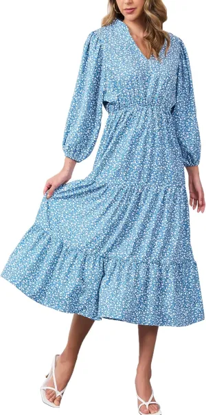 Moss Rose Womens Spring Summer Maxi Dresses V Neck 3/4 Sleeve Floral Flowy Swing Boho Long Dress