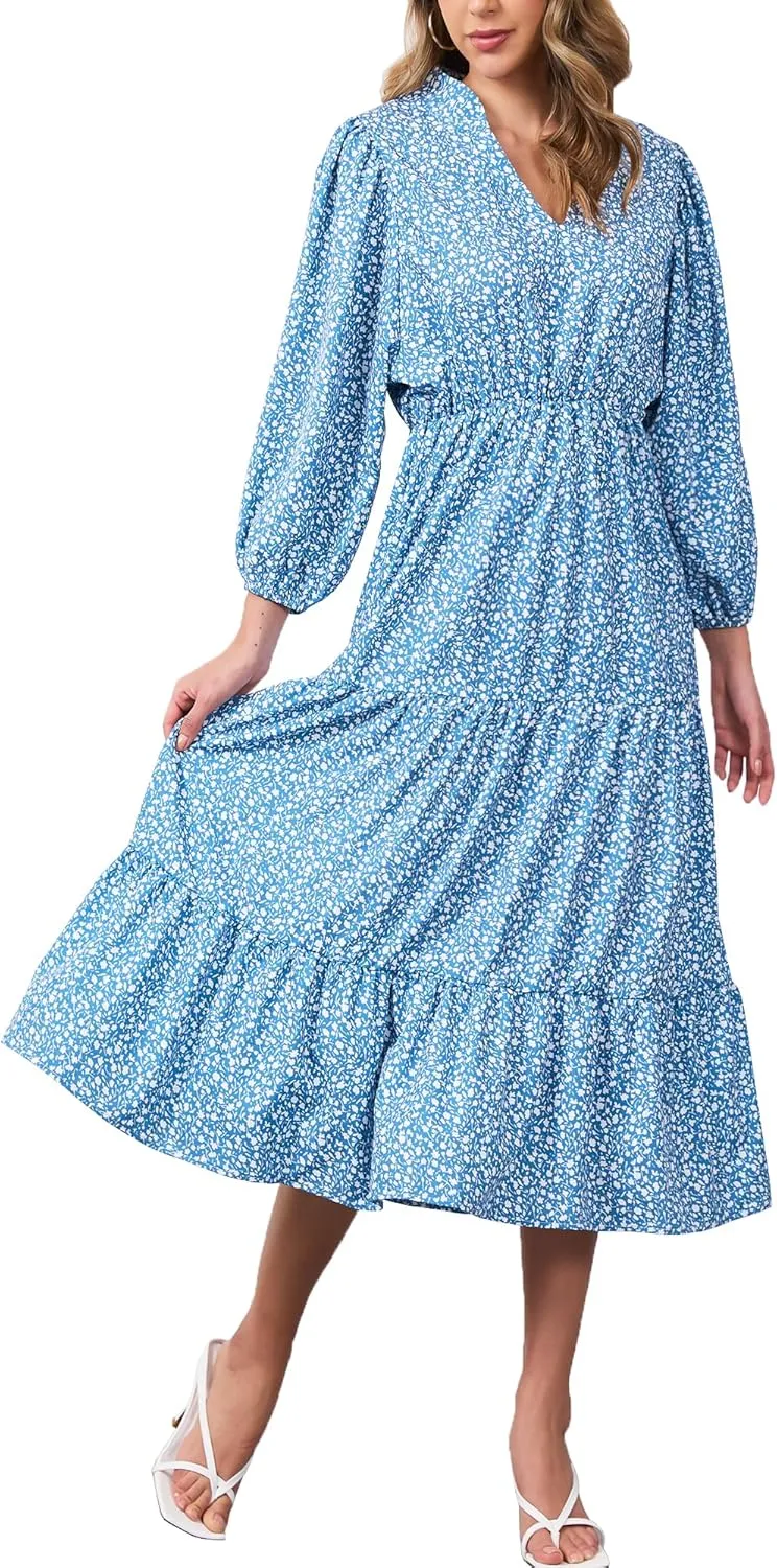 Moss Rose Womens Spring Summer Maxi Dresses V Neck 3/4 Sleeve Floral Flowy Swing Boho Long Dress