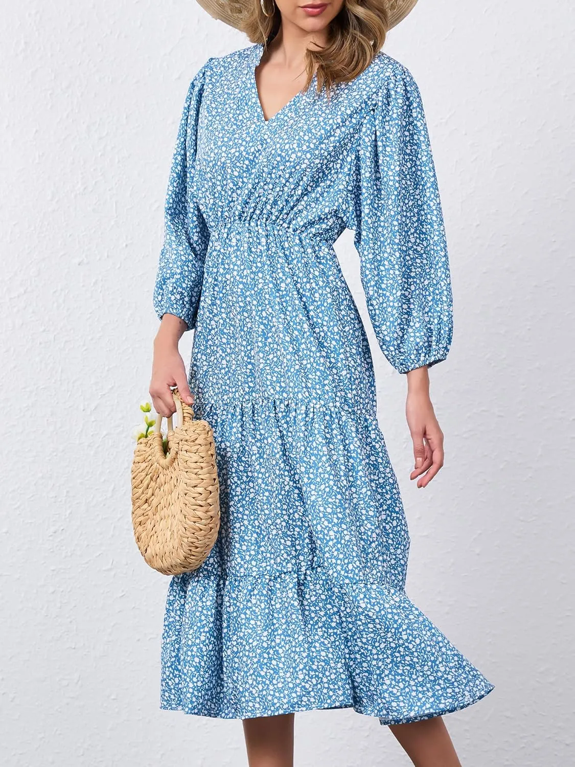 Moss Rose Womens Spring Summer Maxi Dresses V Neck 3/4 Sleeve Floral Flowy Swing Boho Long Dress