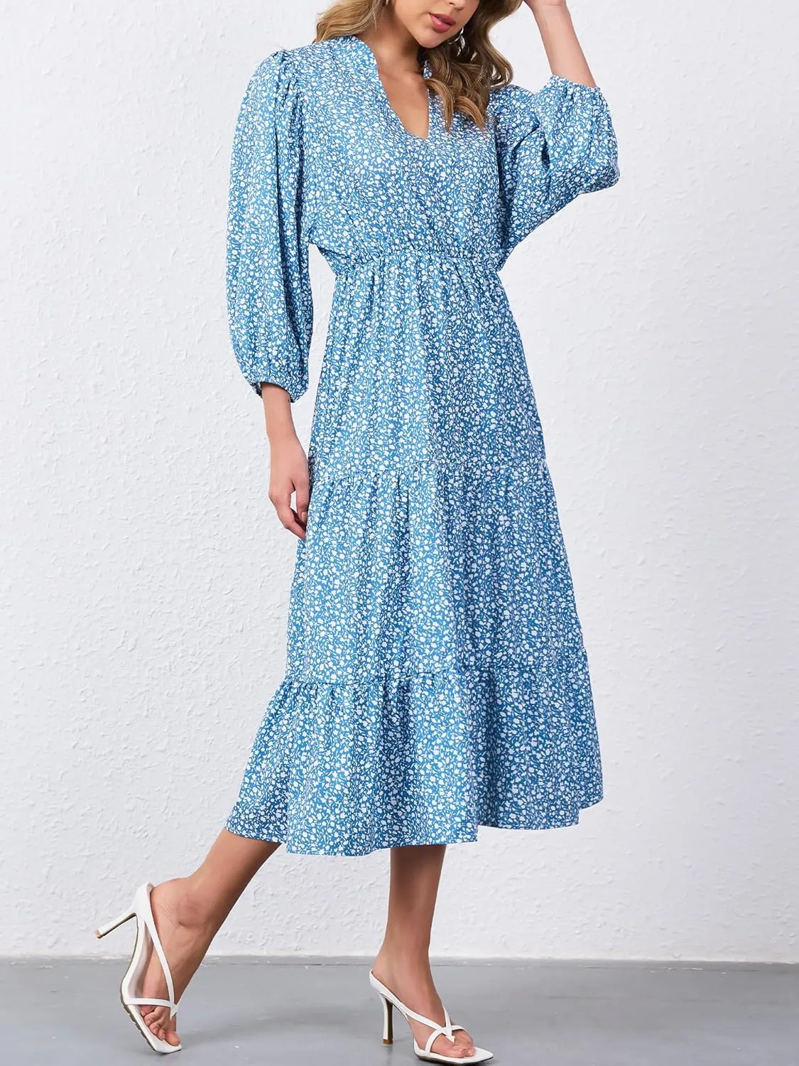 Moss Rose Womens Spring Summer Maxi Dresses V Neck 3/4 Sleeve Floral Flowy Swing Boho Long Dress