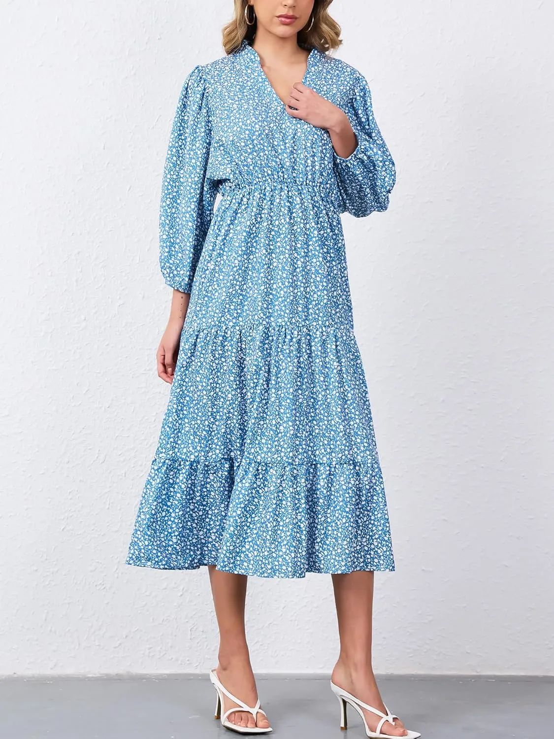 Moss Rose Womens Spring Summer Maxi Dresses V Neck 3/4 Sleeve Floral Flowy Swing Boho Long Dress