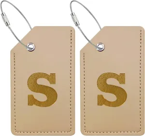 Mziart Luggage Tags for Suitcases, Initial Luggage Tag 2 Pack PU Leather Personalized Suitcase Tags Name ID Labels with Stainless Steel Loops Baggage Travel Bag Tags Cruise Essentials Gifts (Letter S)