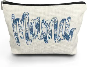 NATSUNO Blue Floral Mama Makeup Bag - Gifts for Mom, Mother's Day, Small Makeup Bag Pouch for Purse